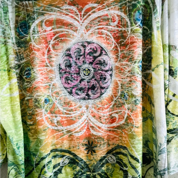 Reba Woman Plus Green Orange Boho Tie Dye Embellished Jeweled Tee Size 3X - Picture 5 of 8